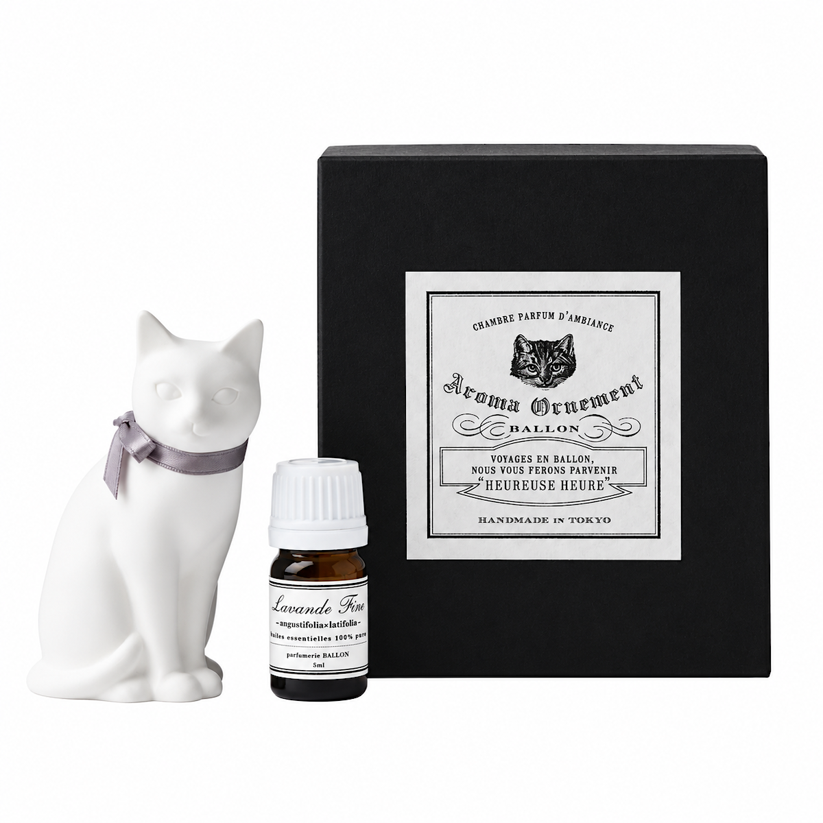 Duftornament Katze Large von BALLON aus Japan – handgefertigte Gipsfigur mit natürlichem Lavendelöl, 5 ml inklusive.