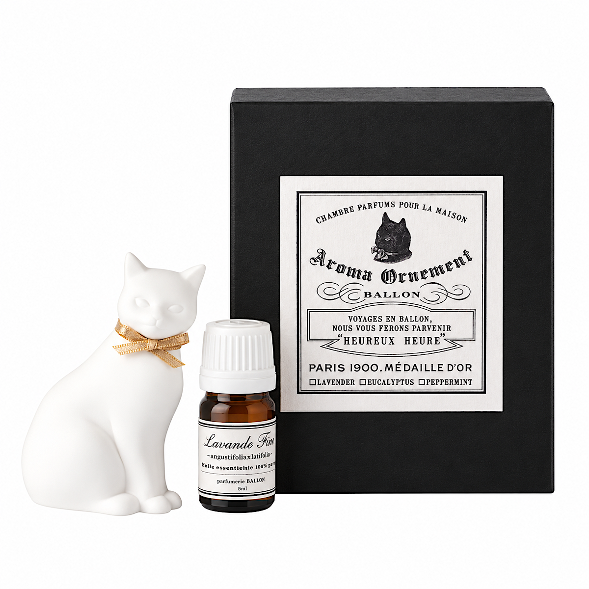 Duftornament Katze Medium von BALLON aus Japan – handgefertigte Gipsfigur mit natürlichem Lavendelöl, 5 ml inklusive.