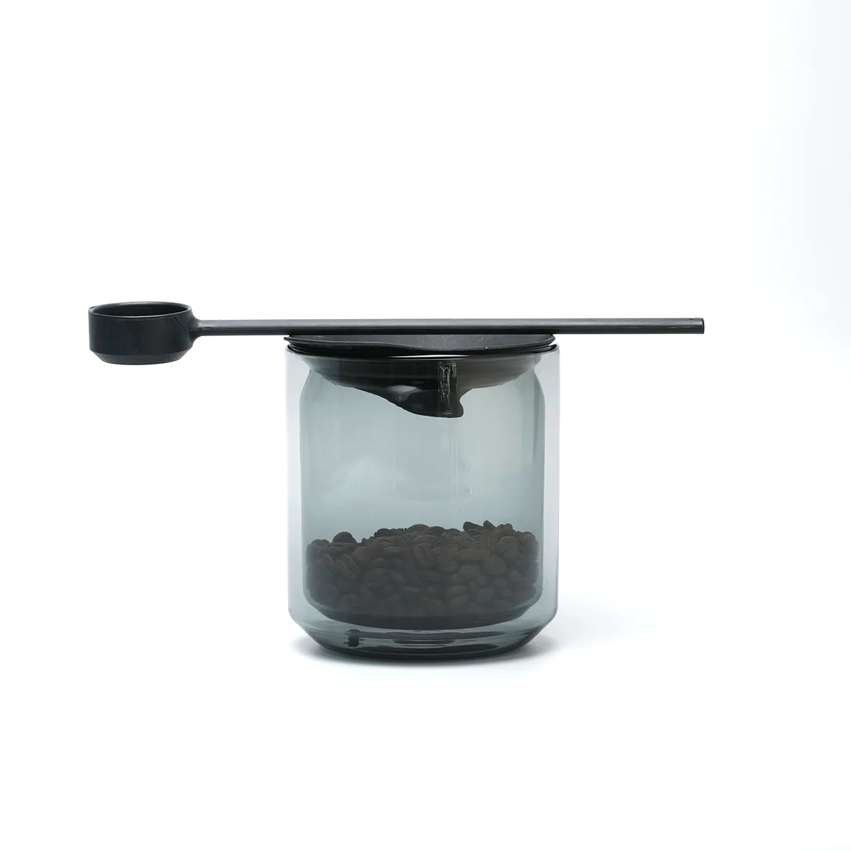 HMM Space Jar Vorratsbehälter aus transparentem Rauchglas mit schwarzem Silikondeckel – doppelwandig, stapelbar, für Kaffee und Lebensmittel