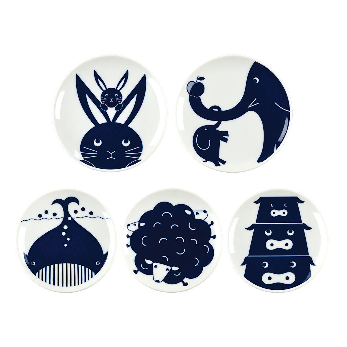 KIHARA Animal Plates – fünf kleine Porzellanteller mit Hase, Elefant, Wal, Schaf und Bär
