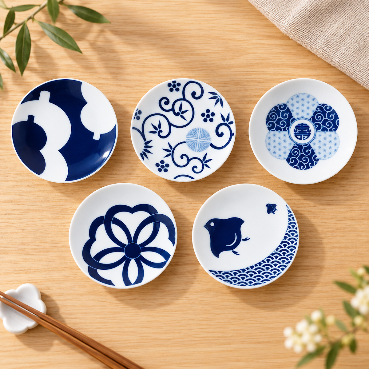 KIHARA Charm Plates aus japanischem Porzellan auf einem Holztisch arrangiert