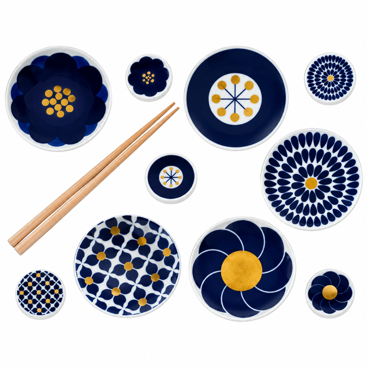 Japanische Mini-Porzellanteller Botanical im 5er-Set von KIHARA – Porzellan mit floralen Indigo- und Goldmotiven aus Japan.