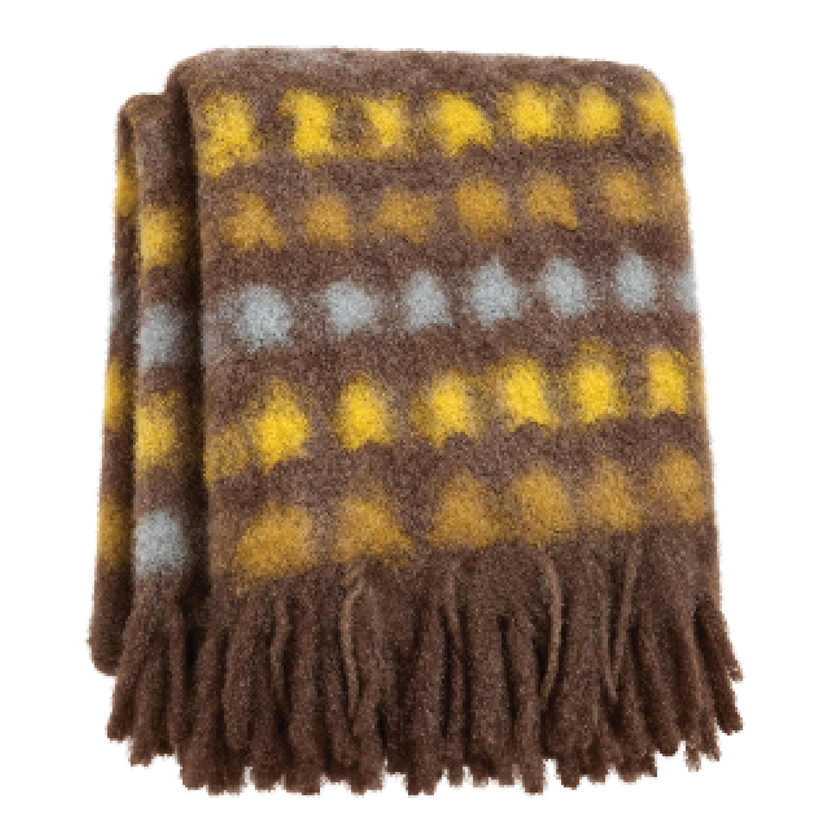MANTAS EZCARAY Mia MI-93 Mohair-Wolldecke in Braun mit gelben und graublauen Querstreifen und dunkelbraunen Fransen