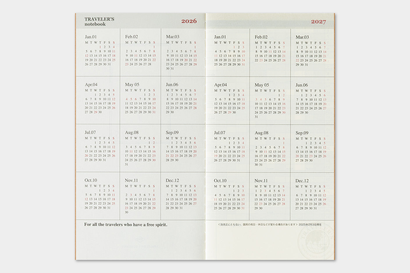 Agenda 2026 Monatsplaner Regular size | TRAVELER'S COMPANY | Made in Japan