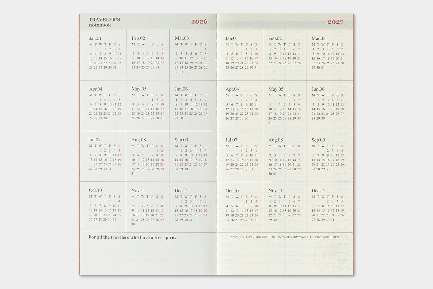 Agenda 2026 mit horizontalem Wochenplaner Regular size | TRAVELER'S COMPANY | Made in Japan