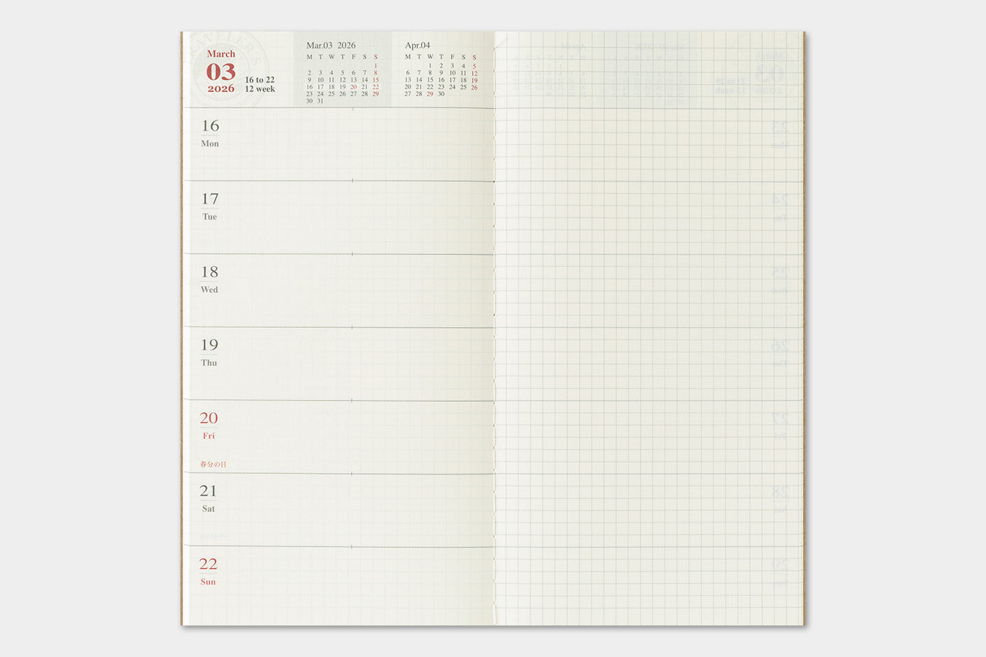 Agenda 2026 mit horizontalem Wochenplaner Regular size | TRAVELER'S COMPANY | Made in Japan