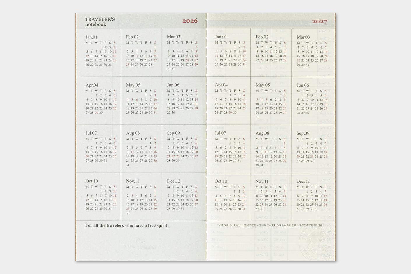 Agenda 2026 mit horizontalem Wochenplaner Regular size | TRAVELER'S COMPANY | Made in Japan