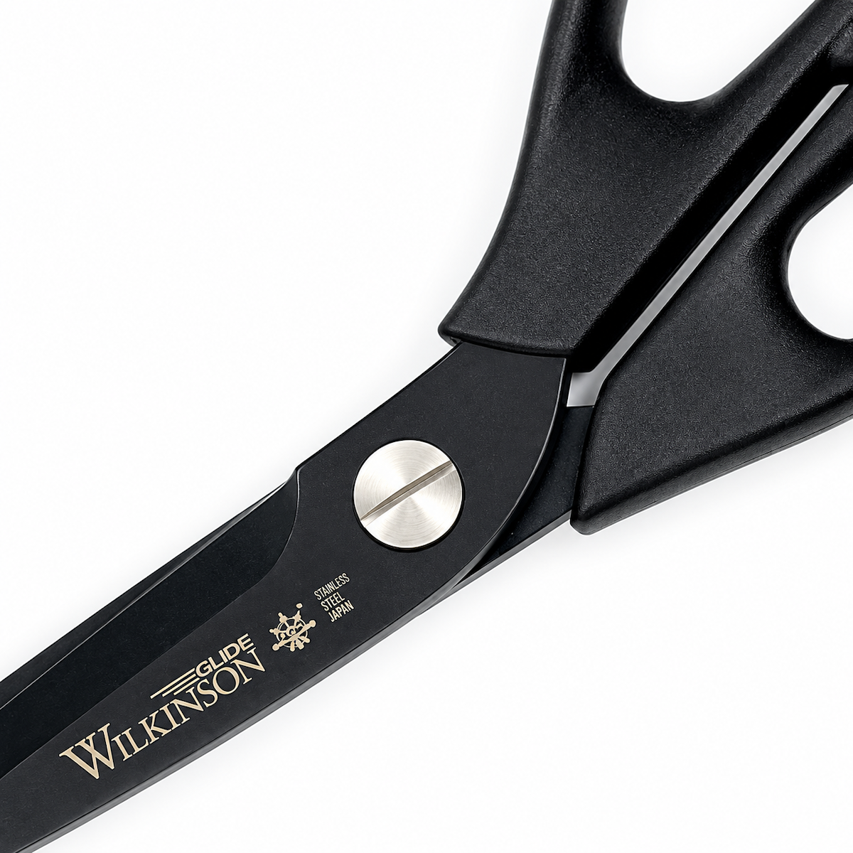 Detail der schwarzen Wilkinson Glide 10 Zoll Schere mit ergonomischem Griff und Metallgelenk