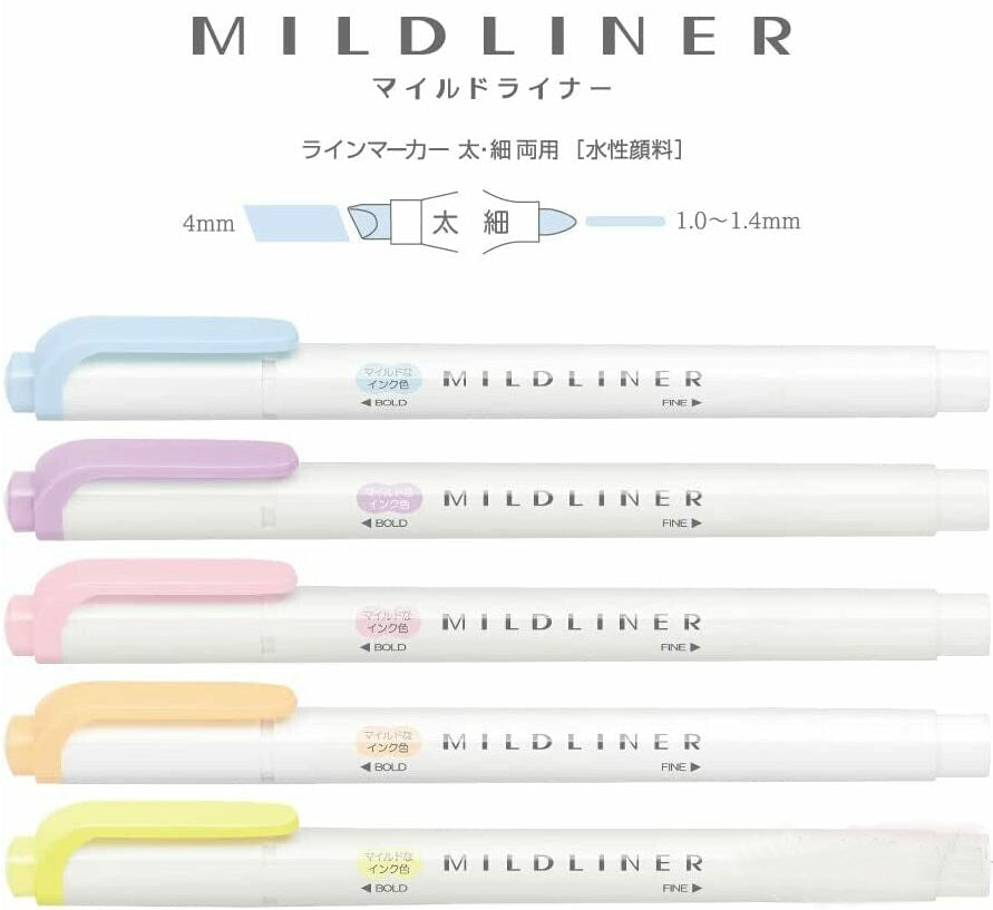 Textmarker Mildliner Set mit 5 Pastelfarben | ZEBRA | Made in Japan