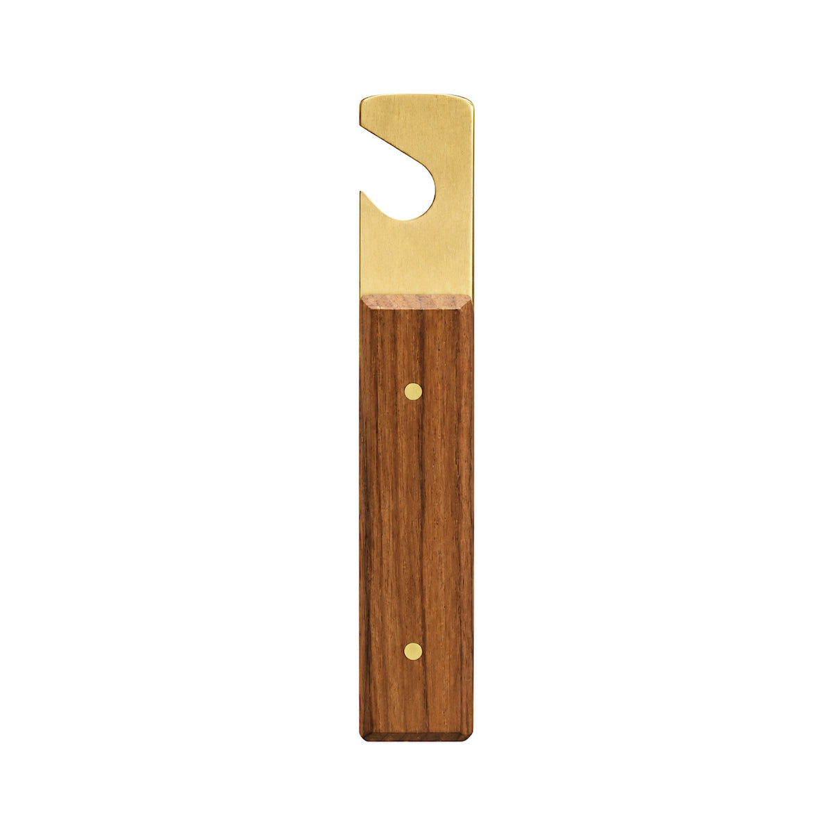 Handgefertigter Flaschenöffner #036 von Lue Brass aus Messing mit Teakholzgriff, japanisches Design in Zusammenarbeit mit Holz
