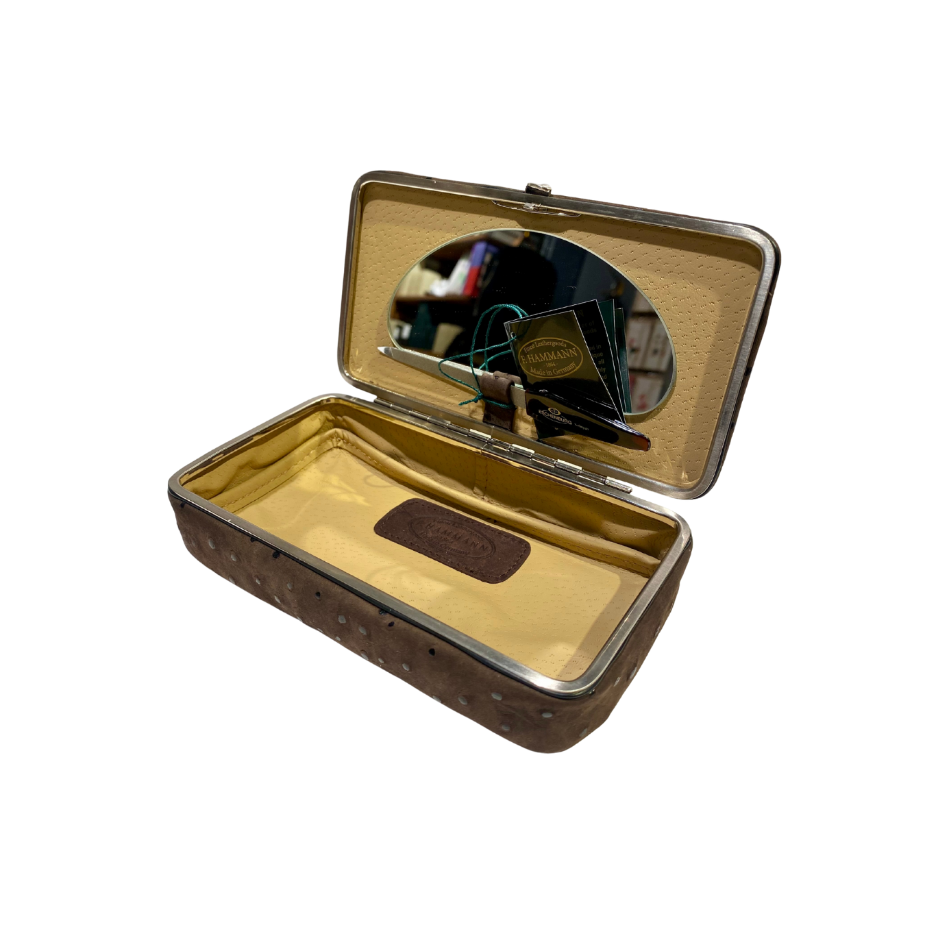 Beautybox aus Straussenleder | Innenspiegel und Nagelfeile | dunkelbraun