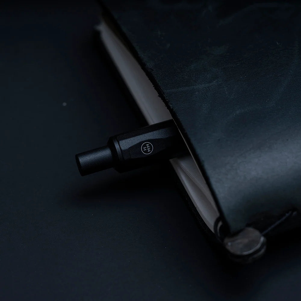 EDC Travel Set von HMM – matt-schwarzer Aluminium-Kugelschreiber mit passendem Lederetui aus italienischem Leder in einer Geschenkverpackung.
