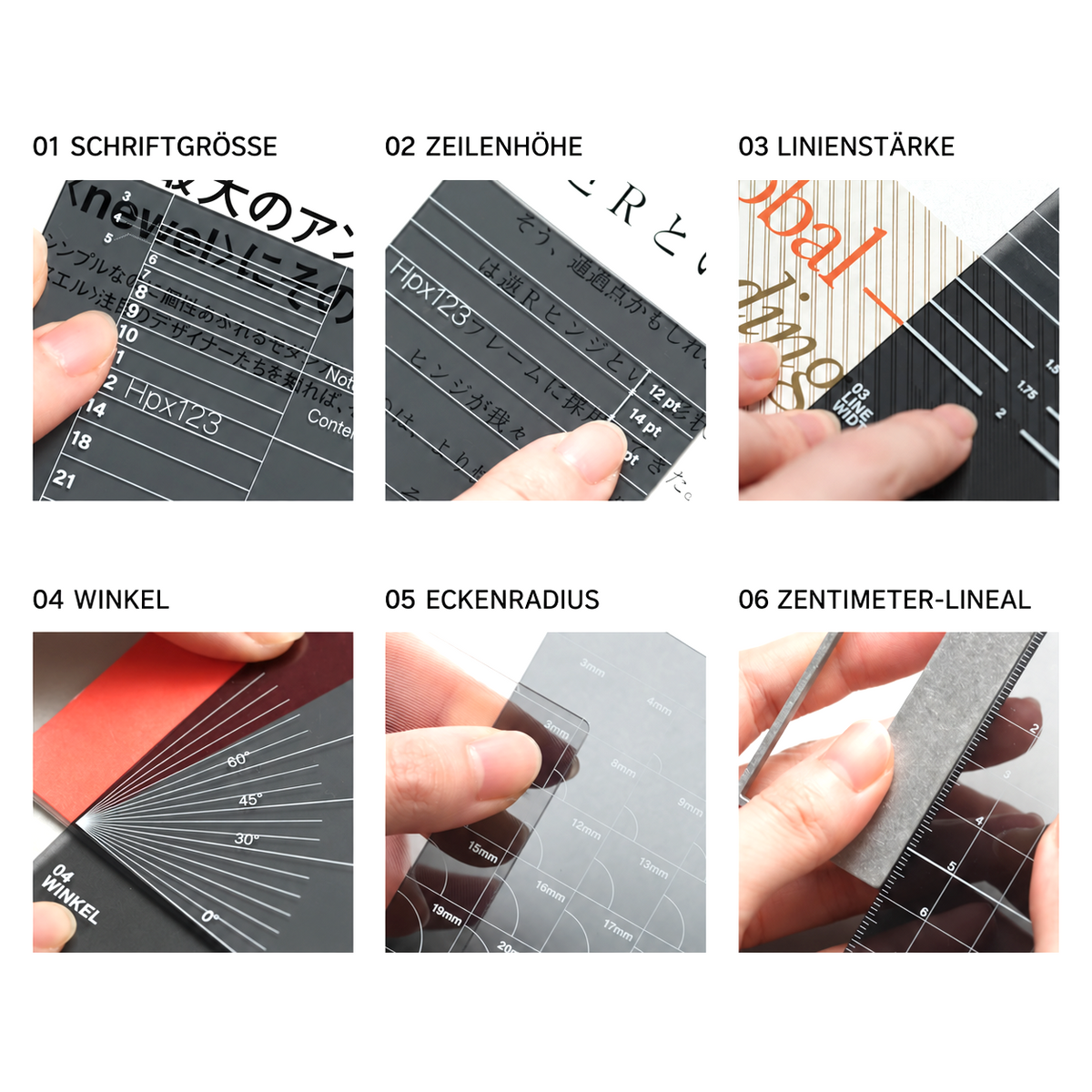 HMM Pocket Ruler – sechs Design-Messwerkzeuge im Überblick: Schriftgrösse, Zeilenhöhe, Linienstärke, Winkel, Eckenradius und Zentimeter-Lineal.