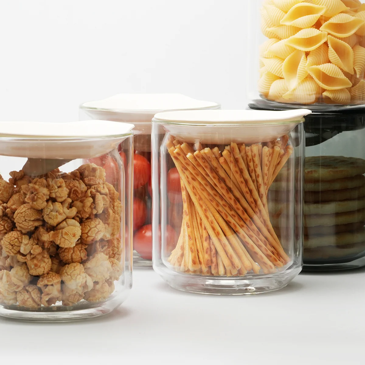 Transparenter HMM Space Jar Vorratsbehälter aus doppelwandigem Glas mit passendem Silikondeckel für Kaffee und Lebensmittel