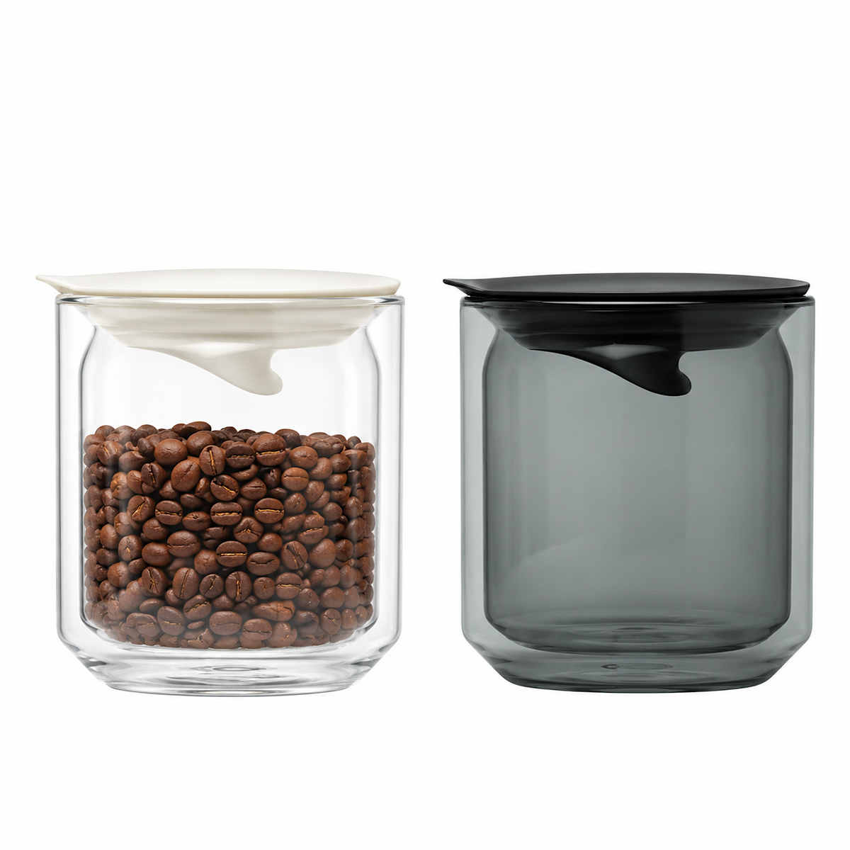 HMM Space Jar Vorratsbehälter aus transparentem Rauchglas mit schwarzem Silikondeckel – doppelwandig, stapelbar, für Kaffee und Lebensmittel