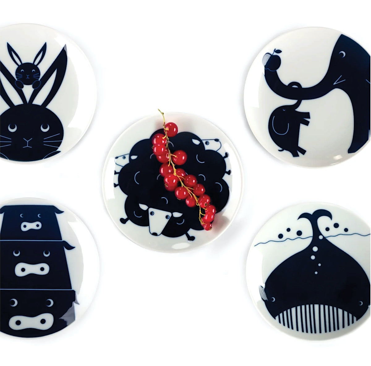 KIHARA Animal Plates – fünf kleine Porzellanteller mit Hase, Elefant, Wal, Schaf und Bär