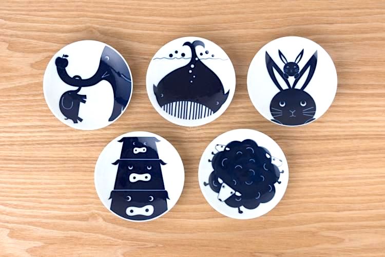 KIHARA Animal Plates – fünf kleine Porzellanteller mit Hase, Elefant, Wal, Schaf und Bär