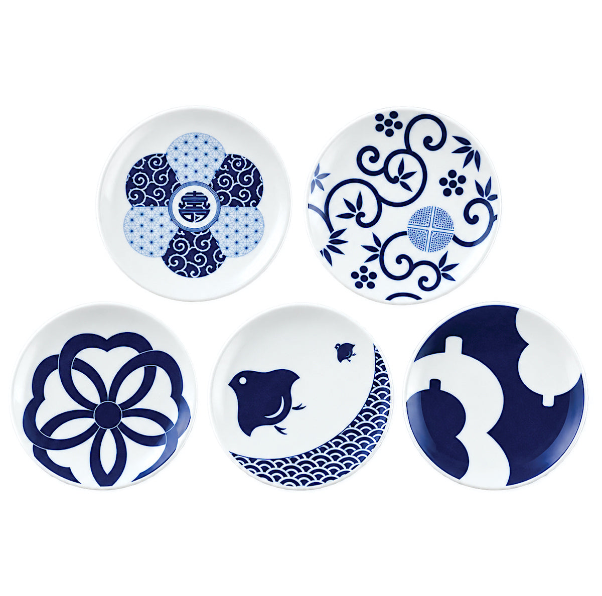 Fünf KIHARA Charm Plates aus japanischem Porzellan mit blau-weissen Dekoren