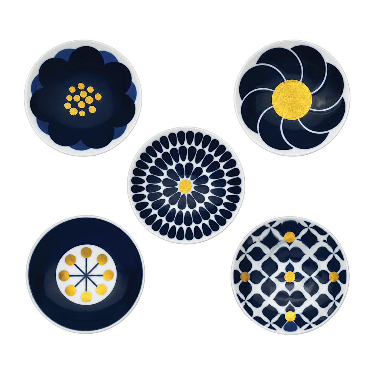 Japanische Mini-Porzellanteller Botanical im 5er-Set von KIHARA – Porzellan mit floralen Indigo- und Goldmotiven aus Japan.