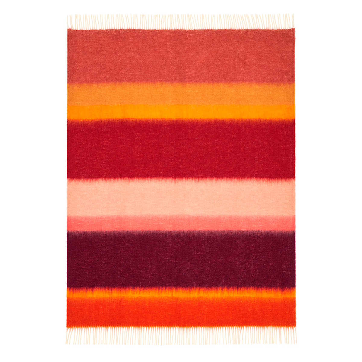 MANTAS EZCARAY Matisse M-166 Mohair-Wolldecke mit weichen Farbflächen in Rottönen, Pinkrosa, Bordeaux, Pumpkin-Orange und Gold, mit hellen Fransen
