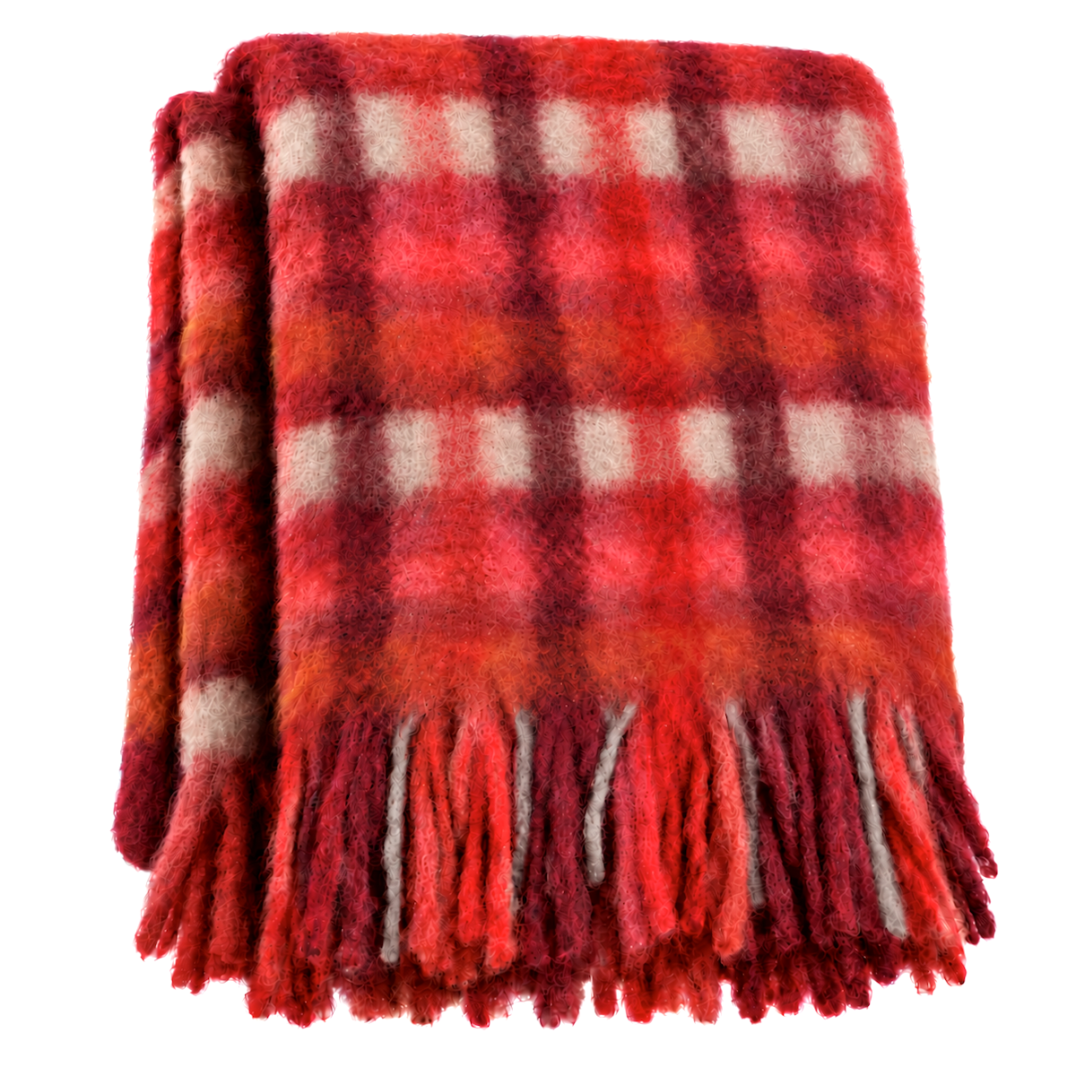 MANTAS EZCARAY Mia MI-54 Mohair-Wolldecke mit flauschigem Karomuster in Rot, Rosa, Bordeaux und Kreideweiss, dekorativen Fransen in Rot und Grau.