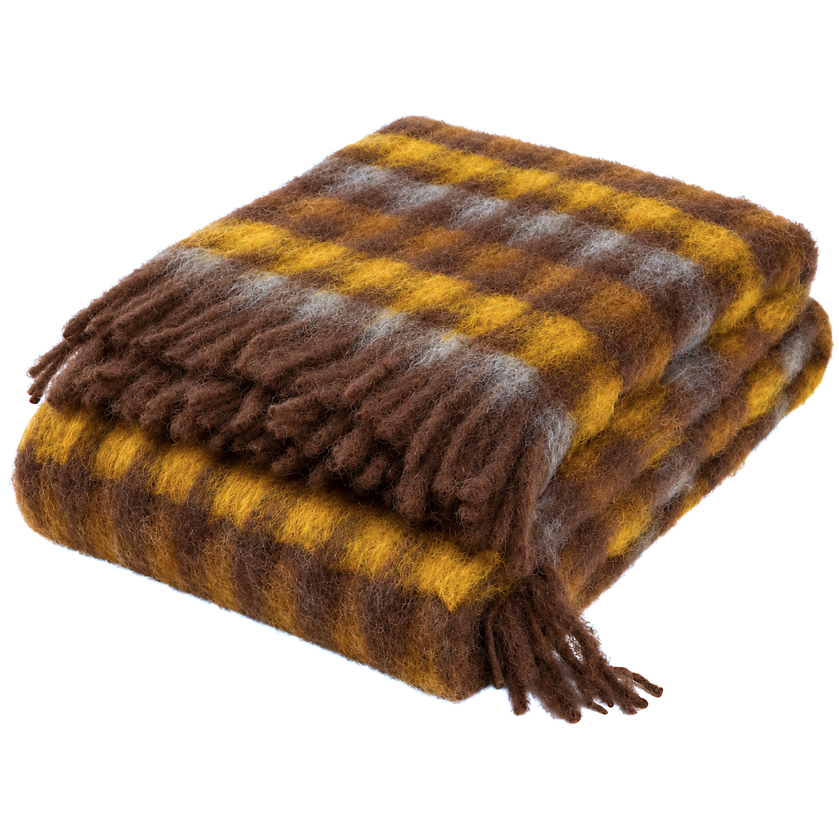 MANTAS EZCARAY Mia MI-93 Mohair-Wolldecke in Braun mit gelben und graublauen Querstreifen und dunkelbraunen Fransen