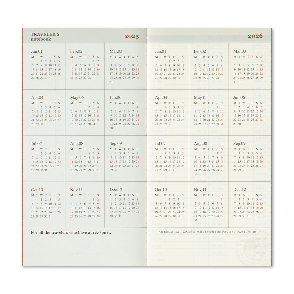 Agenda 2025 mit  horizontalem Wochenplaner Regular size | TRAVELER'S COMPANY | Made in Japan