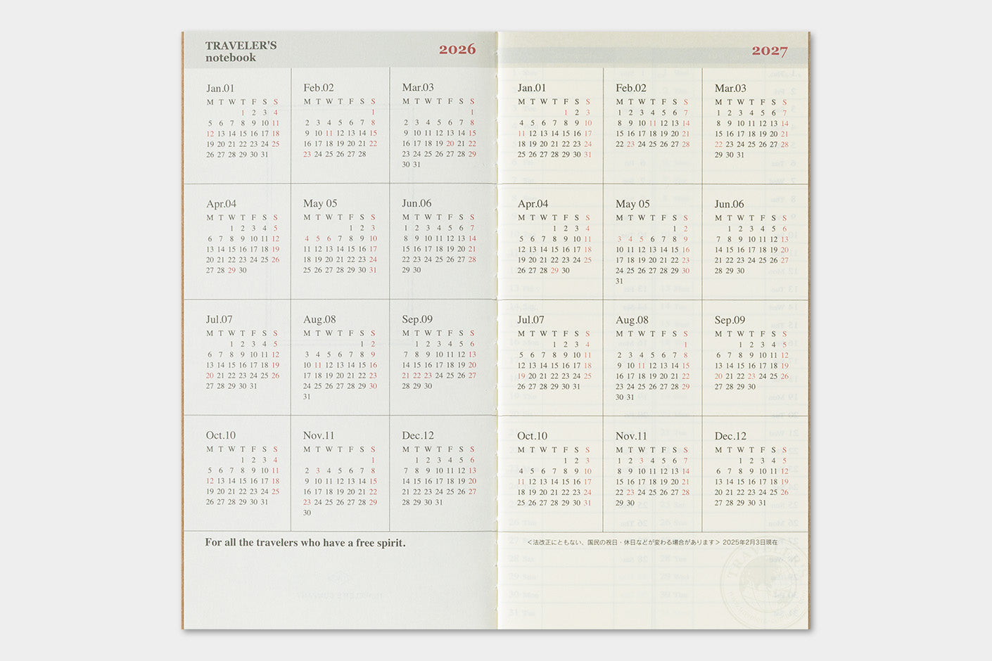 Agenda 2026 Wochenplaner vertikal | Regular size | TRAVELER'S COMPANY | Made in Japan