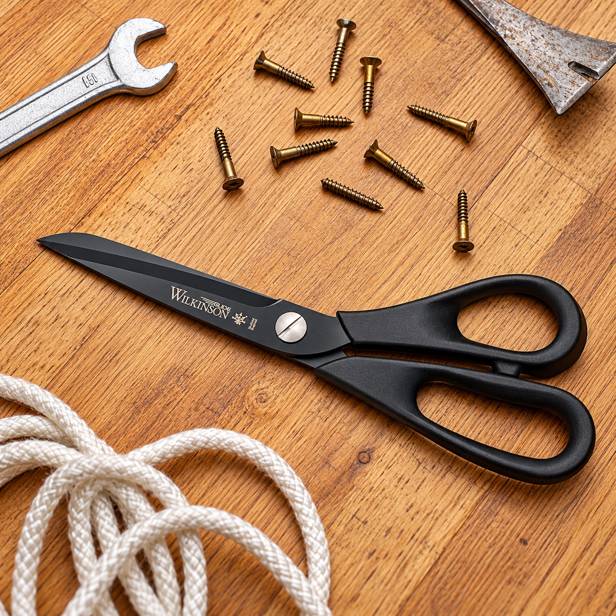 Wilkinson Glide Stoffschere 10 Zoll beim Schneiden auf einer Arbeitsfläche